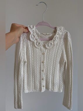 Doen Cream Crochet-Collar Cable Knit Cardigan